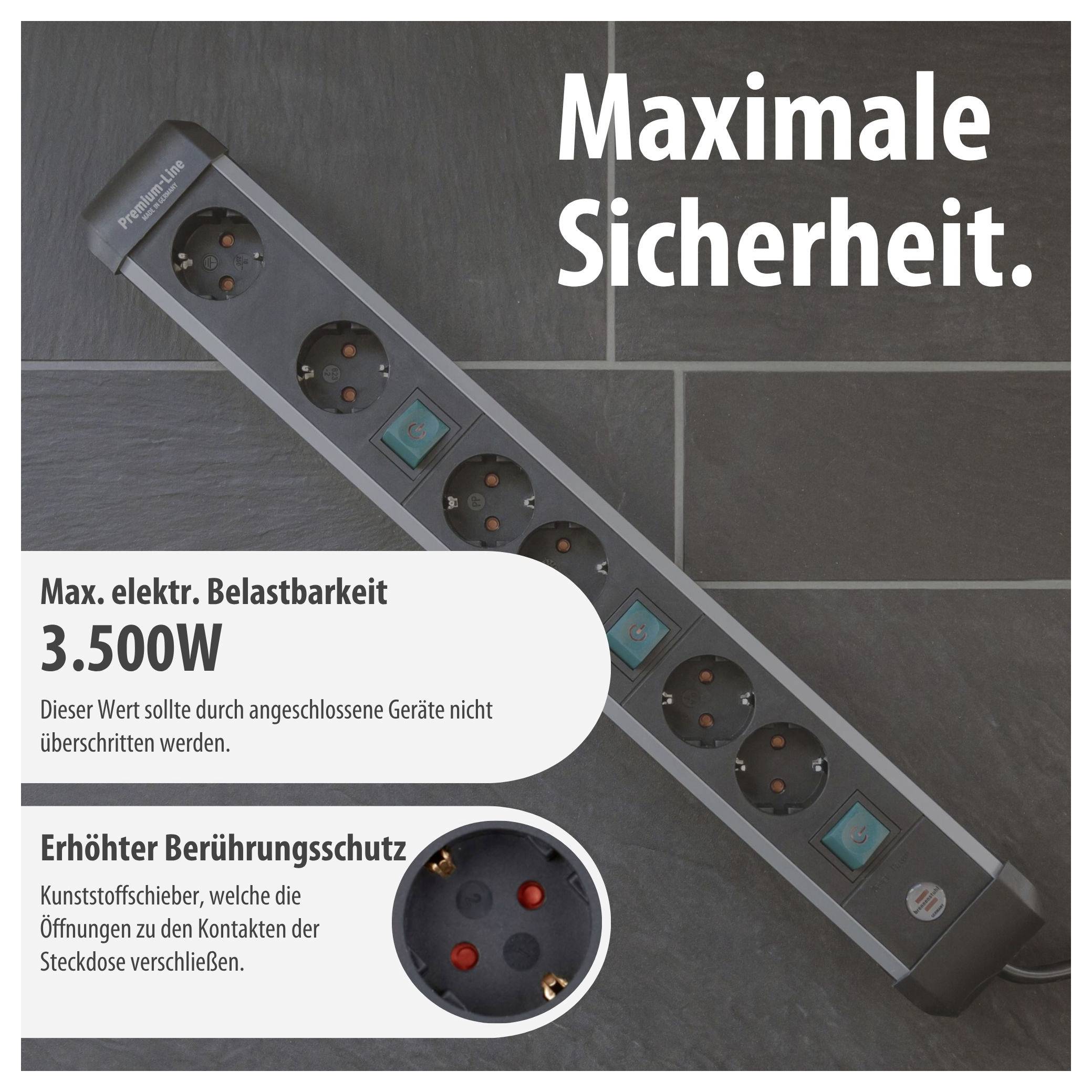 Werbeabbildung einer Steckdosenleiste mit Text 'Maximale Sicherheit.'; nennt maximale elektrische Belastbarkeit von 3.500 W und erhöhten Berührungsschutz.