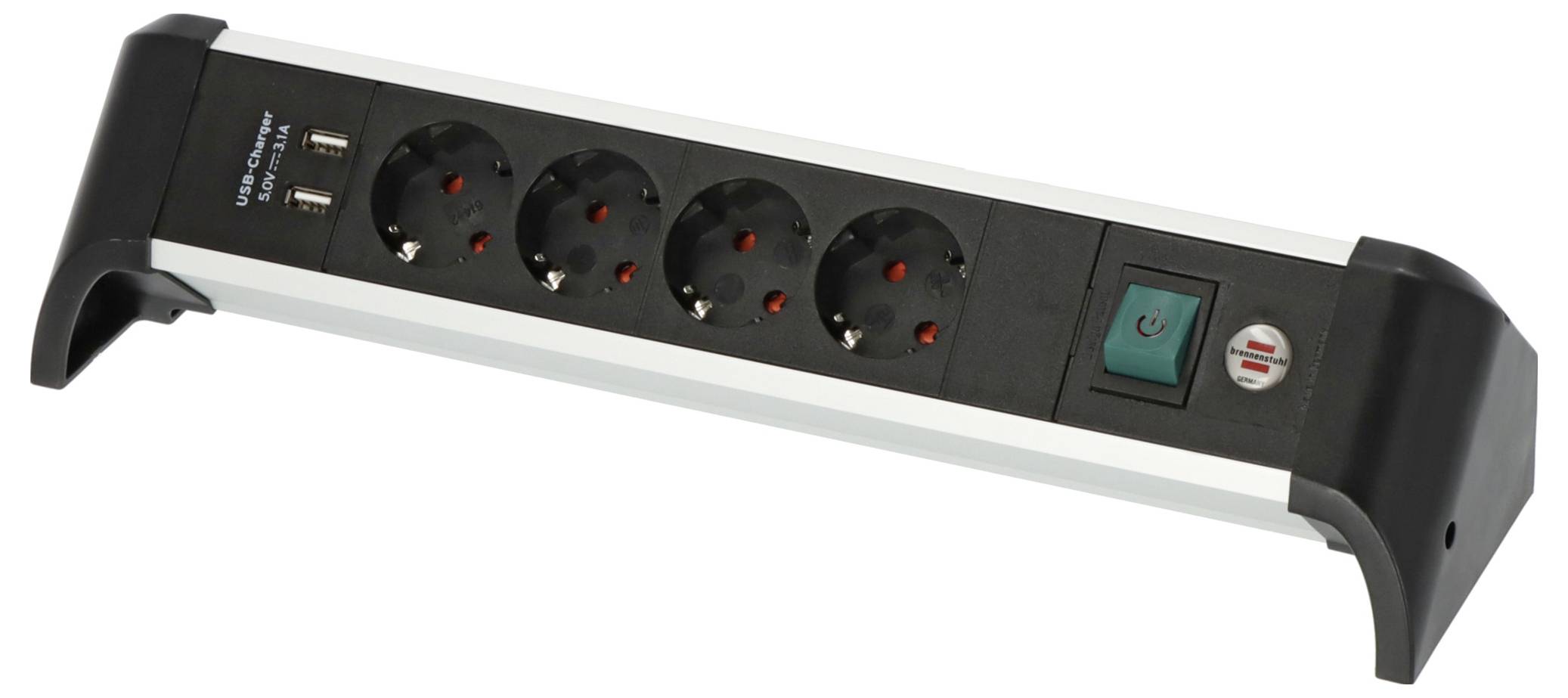 Schwarze Steckdosenleiste mit vier Steckdosen, einem Hauptschalter und zwei USB-Ladeanschlüssen.