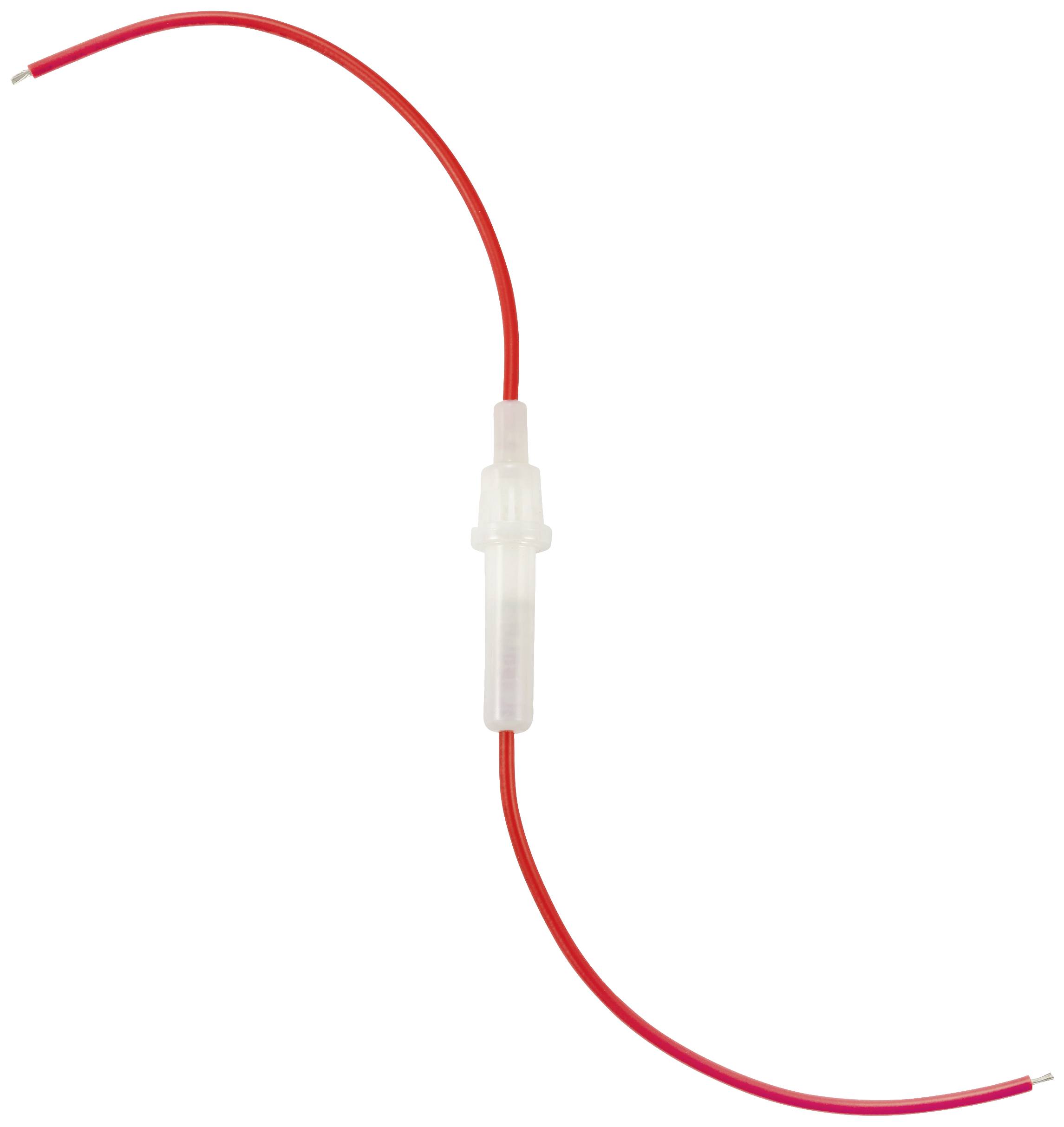 Ein rotes, gebogenes Kabel mit einem durchsichtigen Kunststoffgehäuse in der Mitte, möglicherweise ein elektrischer Verbinder.