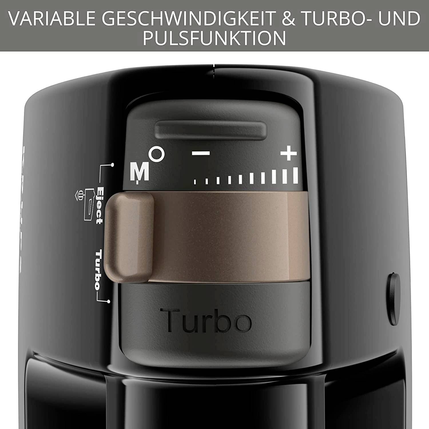 'Schwarzer Mixer mit einstellbarer Geschwindigkeitskontrolle, Turbo- und Pulsfunktion. Text oben: Variable Geschwindigkeit & Turbo- und Pulsfunktion.'