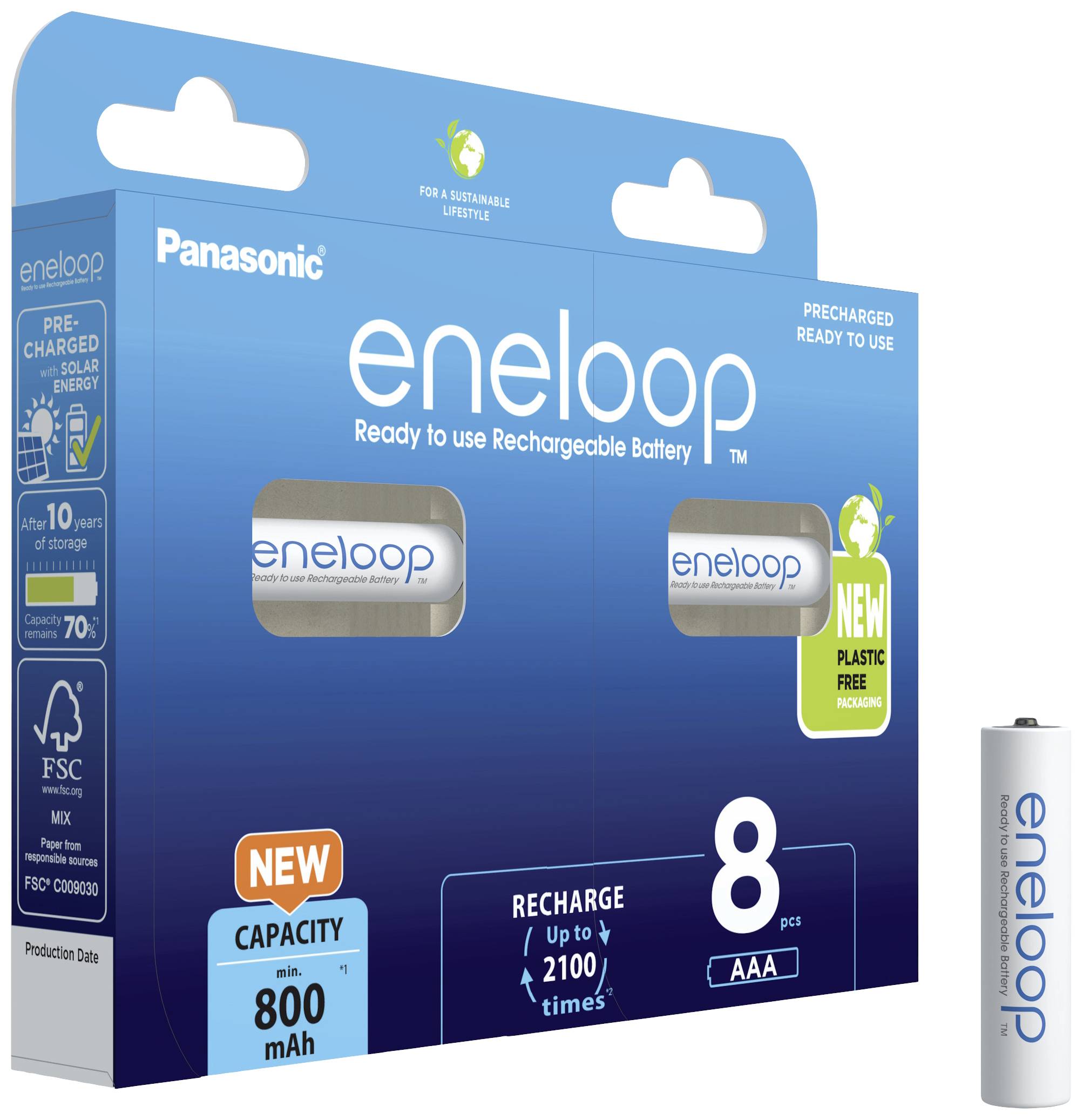 Verpackung von Panasonic Eneloop AAA-Akkus, 8er-Pack, betont wiederaufladbare und nachhaltige Nutzung, Kapazität 800 mAh.