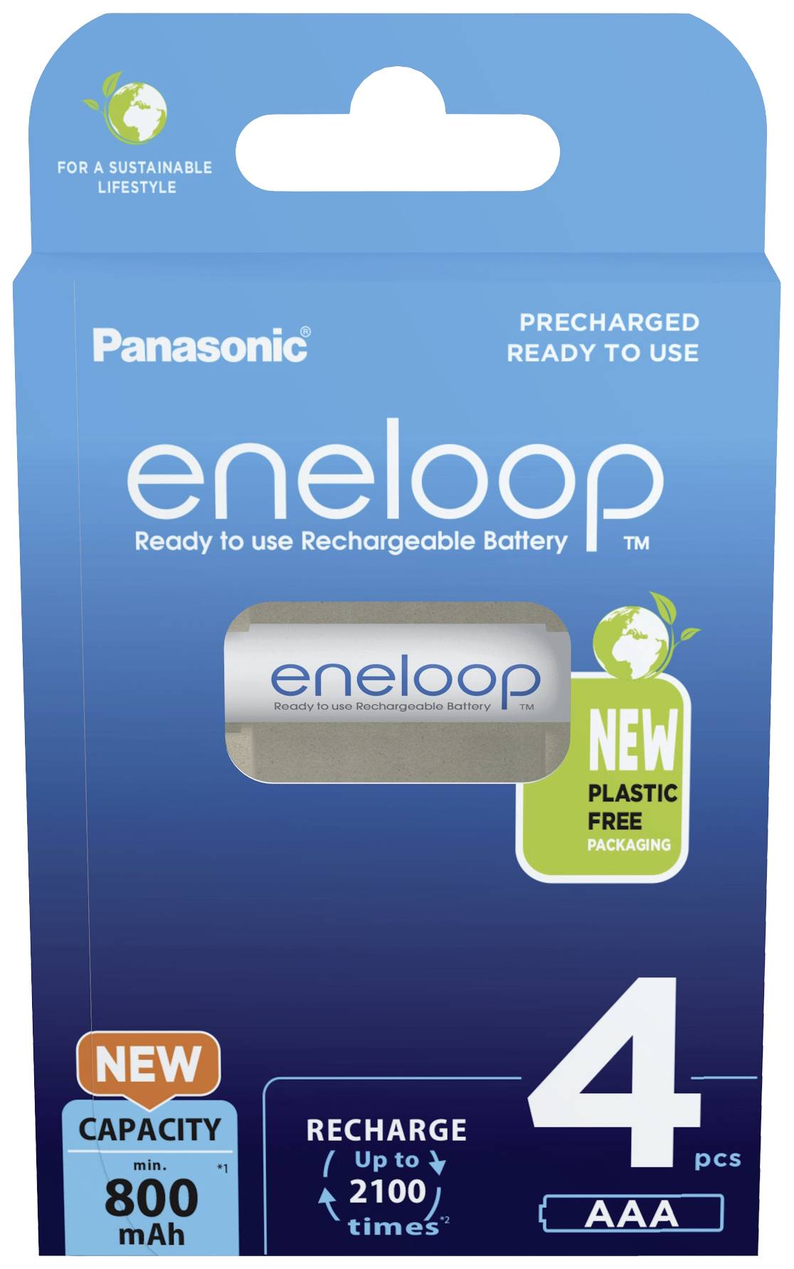 Verpackung von Panasonic eneloop AAA-Akkus, 4 Stück, 800 mAh, aufladbar bis zu 210 Mal, mit plastikfreier Verpackung und nachhaltigem Lebensstil.