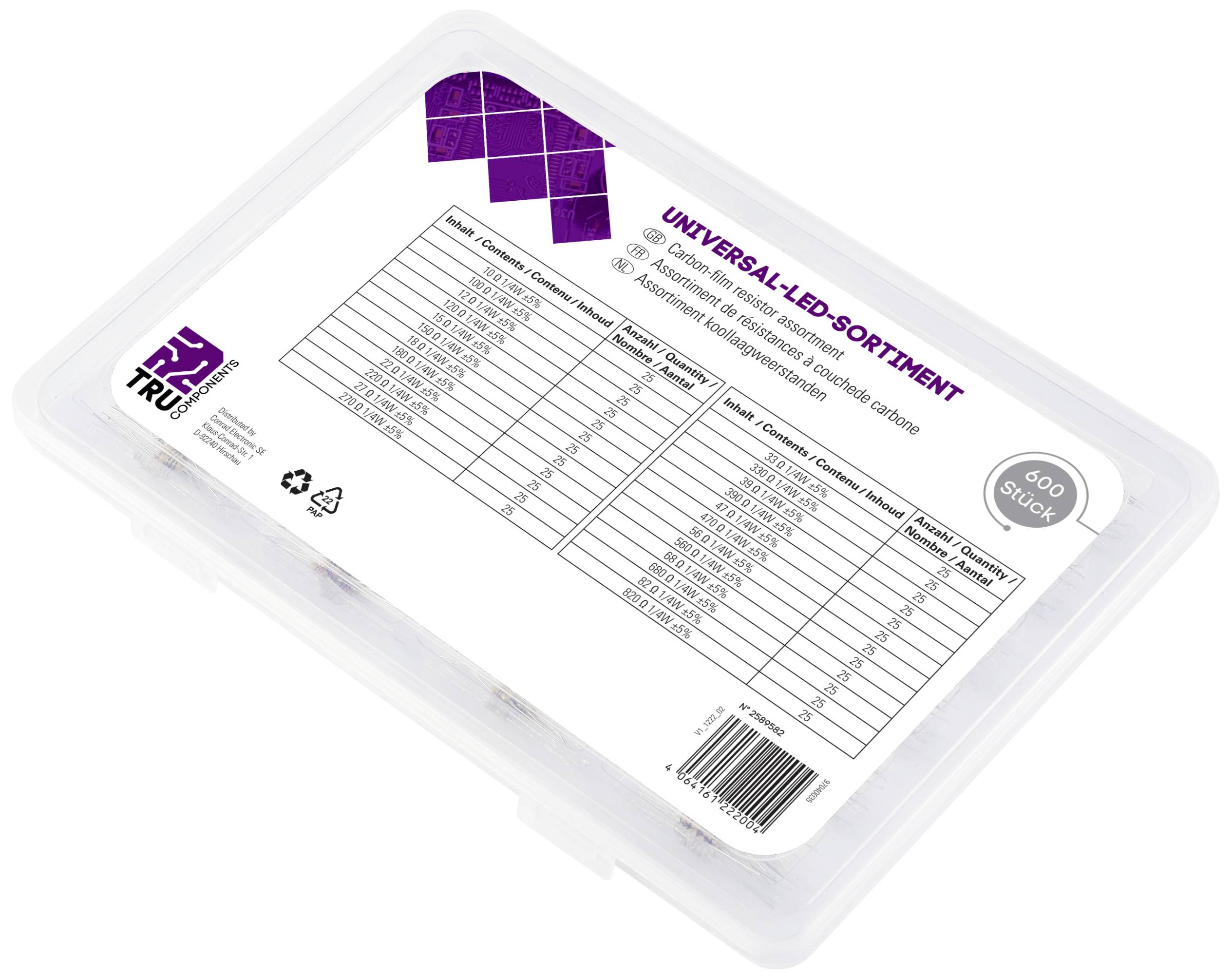 'Box mit 400 Universal-LEDs in verschiedenen Farben und Größen, transparent mit Tabellenübersicht auf dem Deckel.'