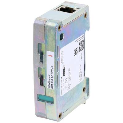 Metallischer Adapter-Modul 'DEHNpatch DPA C|6 EA 4PPOE' zur Überspannungsschutz bei Ethernet-Verbindungen, mit QR-Code und Anschlüssen.
