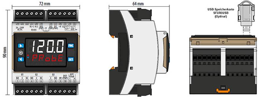 Digitales Temperatursteuergerät mit den Maßen 90 mm x 72 mm x 64 mm, enthält ein Display mit '120.0', USB-Port oben für Host-Verbindung.