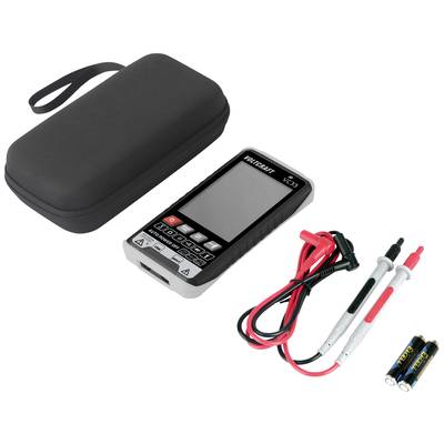 Digital-Multimeter mit Tasche, Messleitungen und Batterien. Gerät zur Messung von Spannung, Stromstärke und Widerstand.