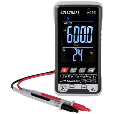 Das Bild zeigt ein digitales Multimeter Voltcraft VC33. Es misst 600 mV und zeigt 24 Grad Celsius an. Zwei Messleitungen sind angeschlossen.