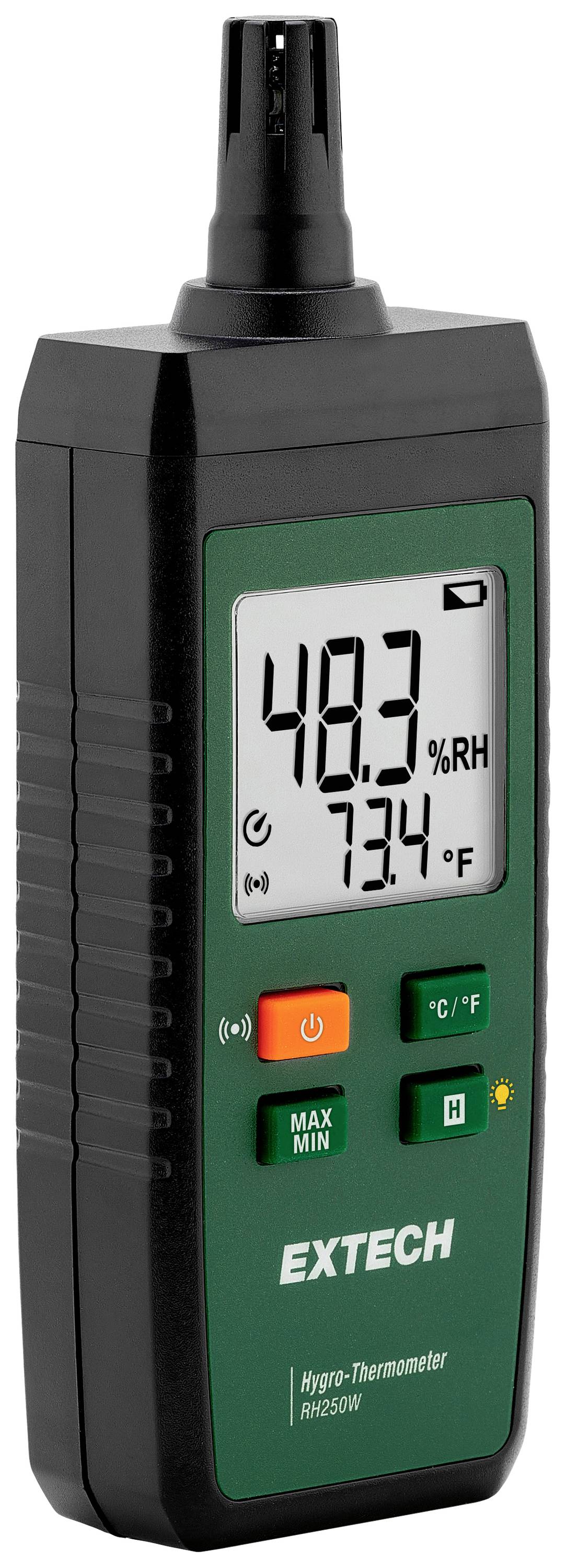 Ein Handthermometer mit digitalem Display zeigt 48,3 % relative Luftfeuchtigkeit und 73,4 °F Temperatur. Markierung 'EXTECH'.