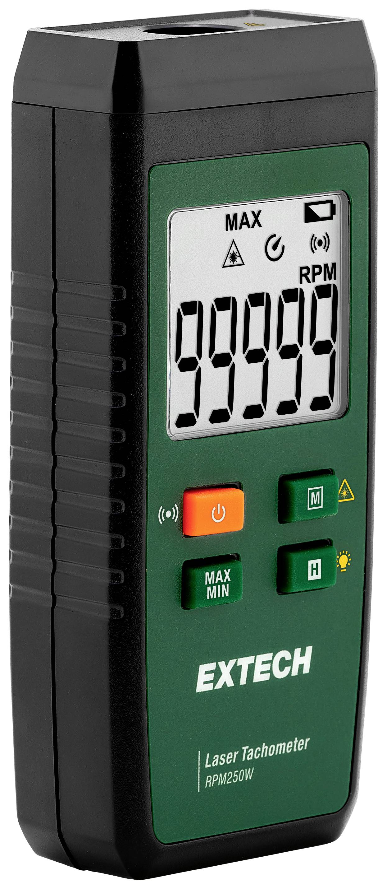 Tachometer mit digitaler Anzeige; zeigt Messung von 99999 RPM. Bedienknöpfe in Orange und Grün, Markenname 'EXTECH' unten.