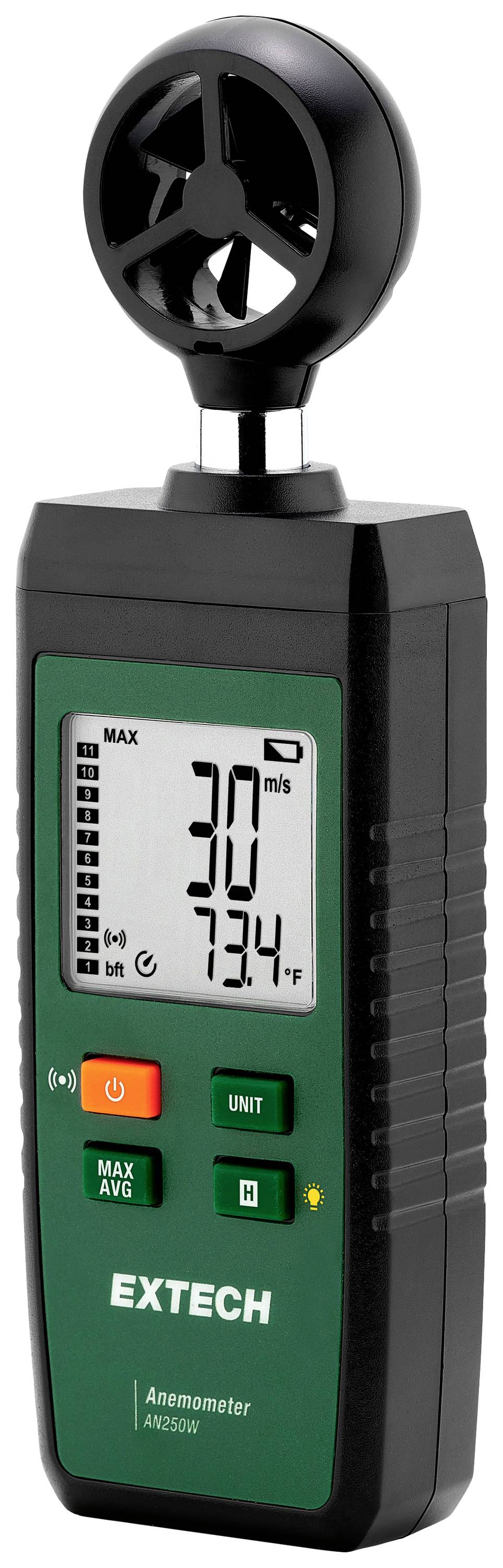 Ein digitales Anemometer mit einem Bildschirm zeigt '30 m/s' als Windgeschwindigkeit und '73,4°F' als Temperatur an.