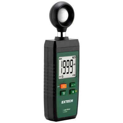 Ein digitales Lichtmessgerät mit Display, das 1999 Lux anzeigt. Das Gerät hat Tasten für Ein-/Ausschalten und Modiwechsel.
