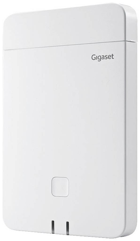 Ein weißes, rechteckiges Telekommunikationsgerät mit der Aufschrift 'Gigaset' auf der Oberseite, zeigt eine minimalistische Gestaltung.