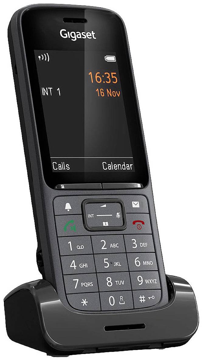 Schnurloses Telefon mit LCD-Anzeige, zeigt '16:35, 16 Nov', Tastenfeld sichtbar; Hauptfunktionen: Anrufe, Kalender.