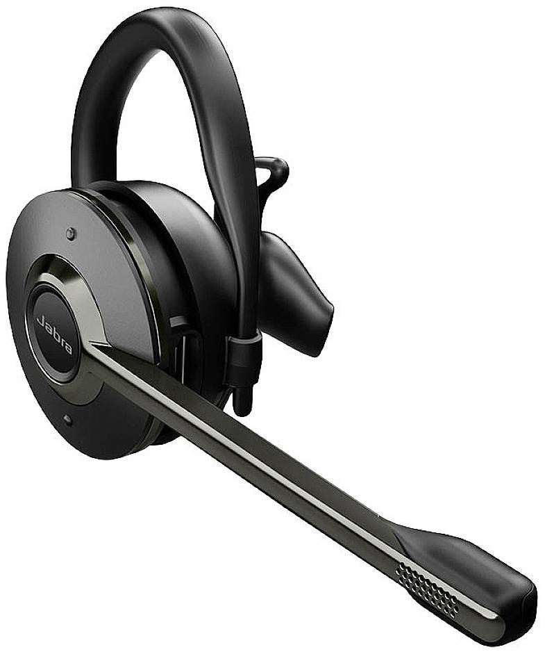 Schwarzes, um das Ohr passendes Headset mit Mikrofonarm und Jabra-Logo, geeignet für Telefon- oder Videoanrufe.