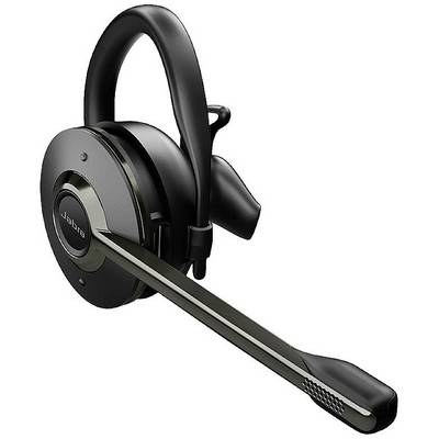 Schwarzes, um das Ohr passendes Headset mit Mikrofonarm und Jabra-Logo, geeignet für Telefon- oder Videoanrufe.