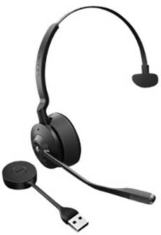 Kabelloses Headset mit USB-Anschluss und Mikrofon. Ideal für Büroanwendungen und Online-Kommunikation. Schwarz, minimalistisches Design.
