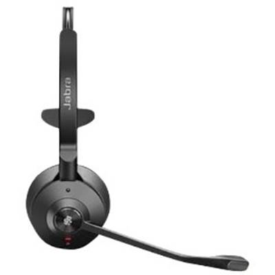 Schwarzes, kabelloses Headset mit flexiblem Mikrofonarm, markiert mit 'Jabra', geeignet für professionelle Telefonie und Konferenzen.