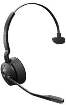 Ein schwarzes, kabelloses Headset mit einem Ohrpolster und Mikrofonarm. Ideal für professionelle Anrufe oder virtuelle Meetings.