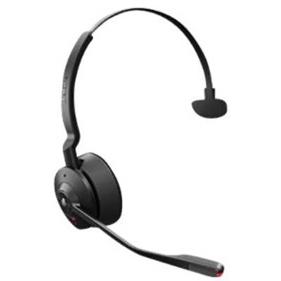 Ein schwarzes, kabelloses Headset mit einem Ohrpolster und Mikrofonarm. Ideal für professionelle Anrufe oder virtuelle Meetings.