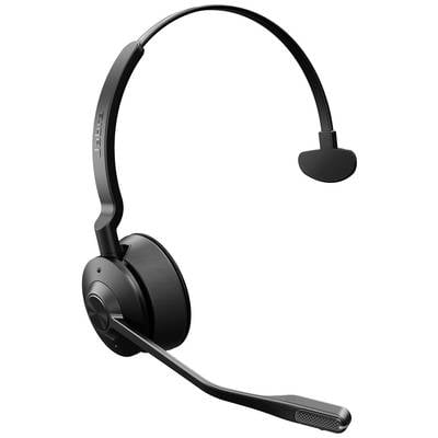 Das Bild zeigt ein einohriges, kabelloses Headset mit einem Mikrofonarm. Es ist schwarz und für die Kommunikation konzipiert.