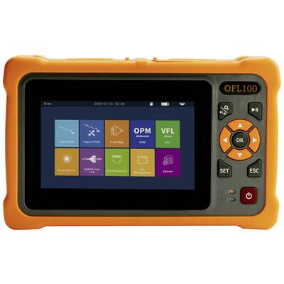 Tragbares Messgerät mit LCD-Bildschirm, der verschiedene Netzwerkanalyseoptionen anzeigt. Orangene Schutzhülle und Kontrollknöpfe rechts.