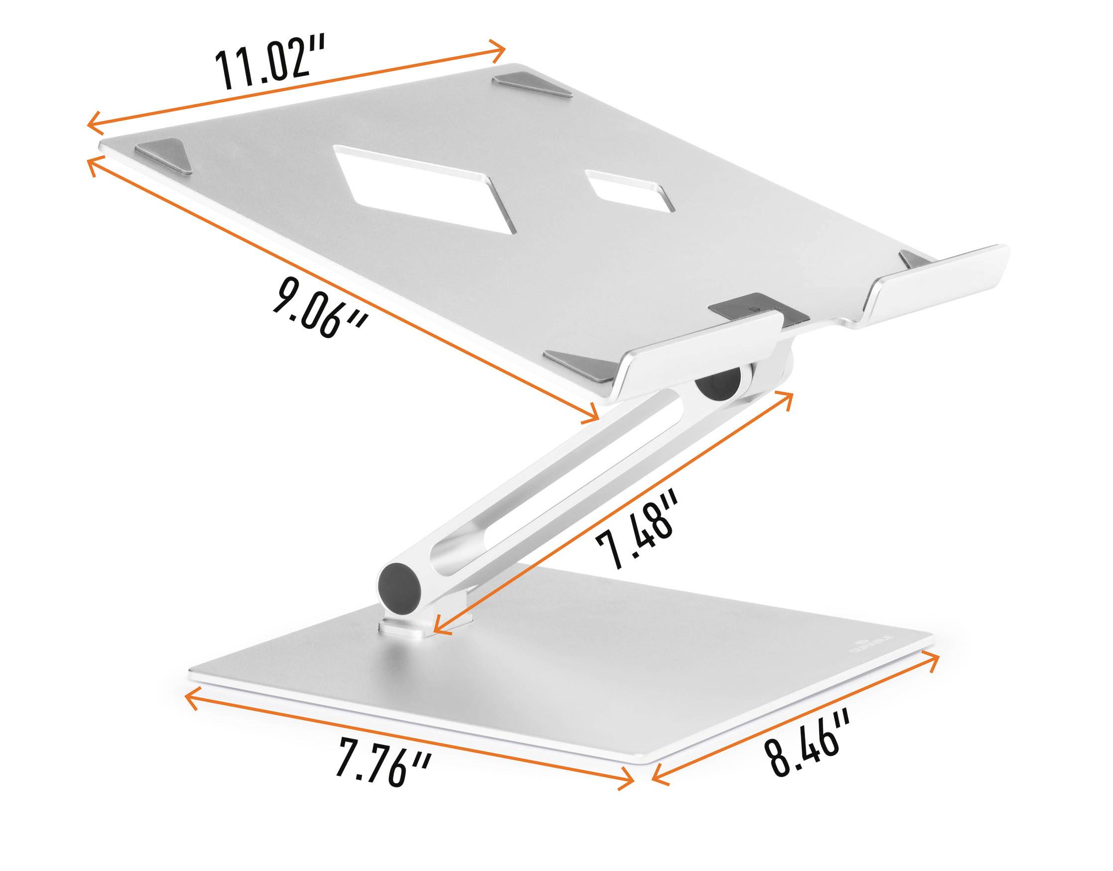 Laptopständer aus Metall, verstellbar, mit Maßen: obere Platte 11,02" x 9,06", Arm 7,48", Basis 7,76" x 8,46".