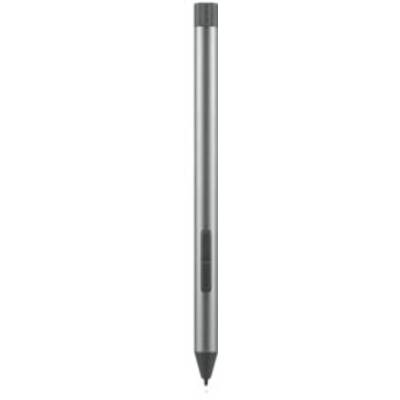 Silberner Stylus-Stift mit schwarzer Spitze und schwarzem Knopf, seitliche Ansicht.