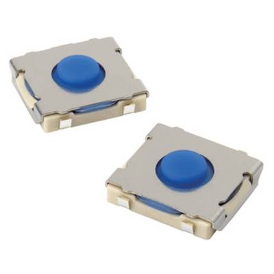 Zwei blaue Taktile Taster mit metallischer Fassung, häufig verwendet in elektronischen Geräten zur Bedienungssteuerung.