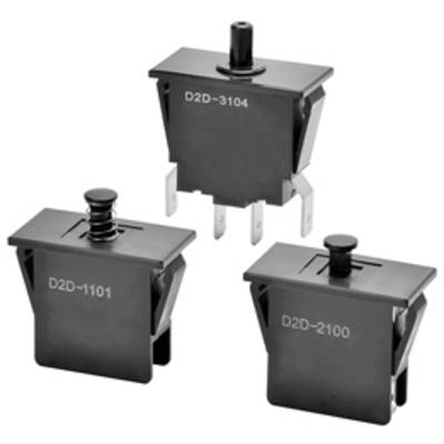 Drei schwarze Mikroschalter mit den Aufdrucken 'D2D-1101', 'D2D-3104' und 'D2D-2100', jeweils in verschiedenen Positionen dargestellt.