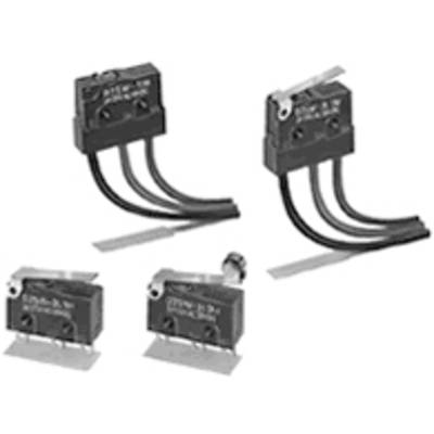 Vier kleine elektrische Schalter mit Hebeln und Kabeln, in zwei Größen dargestellt. Oberes Paar höher, unteres Paar kleiner.