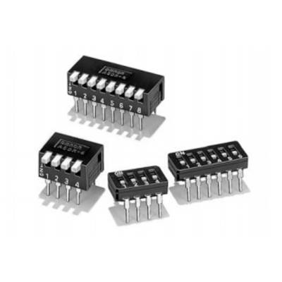 Vier schwarze DIP-Schalter mit weißen Schaltern und Beschriftungen 'ON', '1-8' und '1-4'. Elektronische Bauteile für Steuerungen.