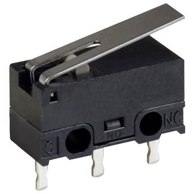 Ein schwarzer Mikroschalter mit drei Metallanschlüssen und einem Hebel oben. Geeignet für elektronische oder mechanische Anwendungen.