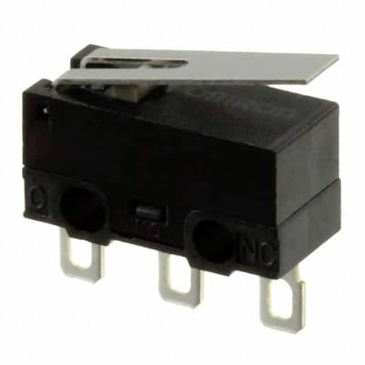 Schwarzer Mikroschalter mit drei Metallanschlüssen und einem Hebel. Geeignet für elektronische Geräte zur Steuerung von Schaltkreisen.