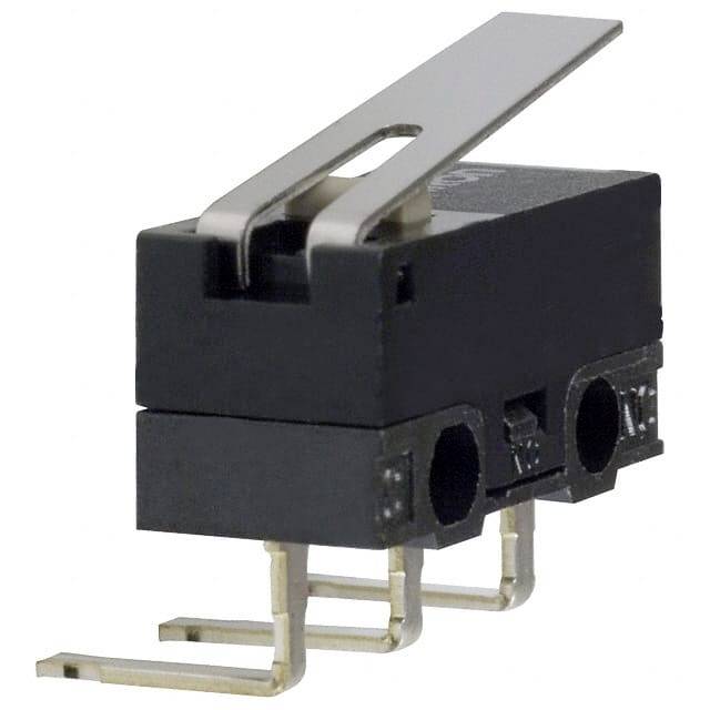 Ein Mikroschalter mit Hebel, schwarzes Gehäuse und drei Metallstiften, die als elektrische Anschlüsse dienen. Ideal für Platine.