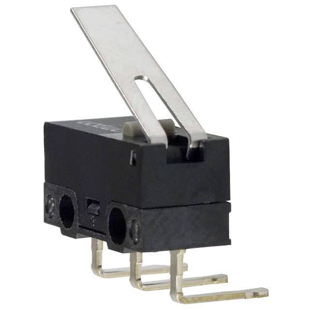Kleiner Mikroschalter mit Hebel, zwei Befestigungsöffnungen und drei Lötpins. Verwendung in elektronischen Schaltungen zur Steuerung.
