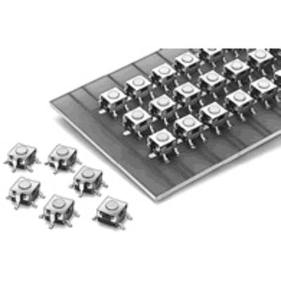 Kleine, quadratische Schalter mit vier Pins auf einer Platte angeordnet, einige Schalter liegen daneben lose.