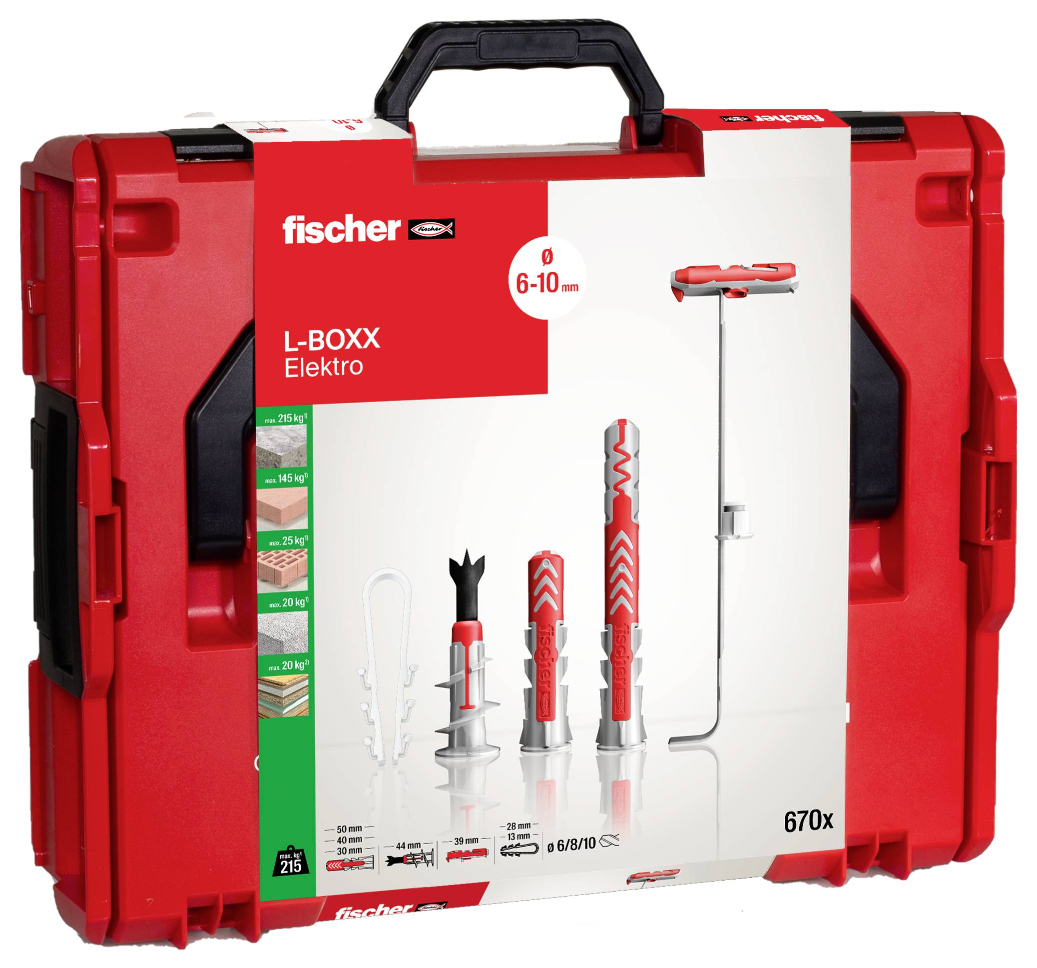 Roter Werkzeugkoffer von Fischer mit dem Aufdruck 'L-BOXX Elektro', zeigt eine Auswahl von Dübeln und Werkzeugen, Größe 6-10 mm.