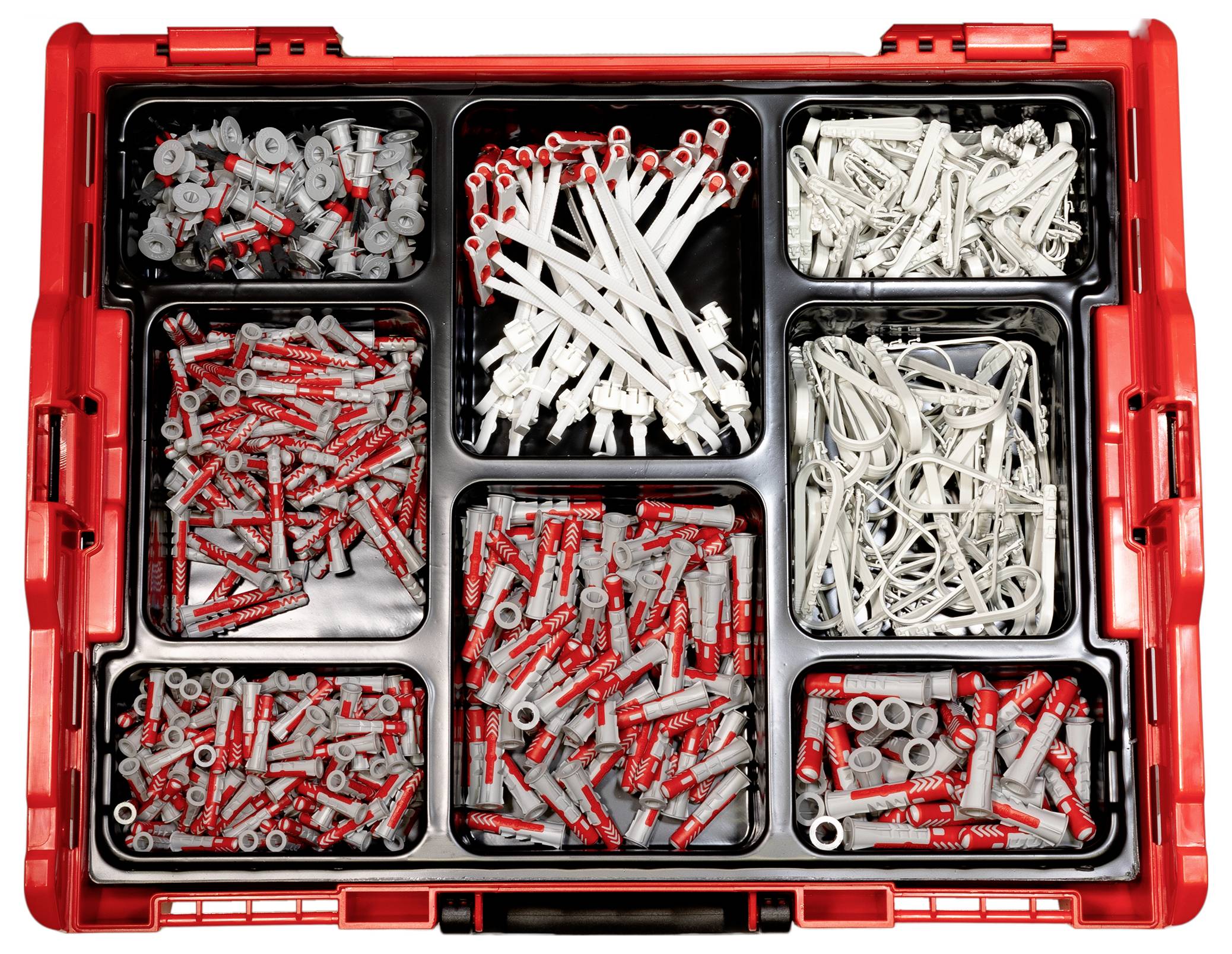 Ein geöffneter Werkzeugkasten zeigt verschiedene Arten von Dübeln, Klemmen und Kabelbindern in separaten Fächern.