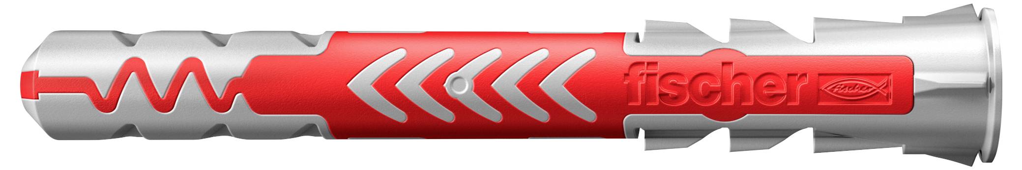 Dübel mit grauem und rotem Design, Markenname 'fischer' sichtbar, dient zur Befestigung in festen Materialien wie Beton oder Ziegel.