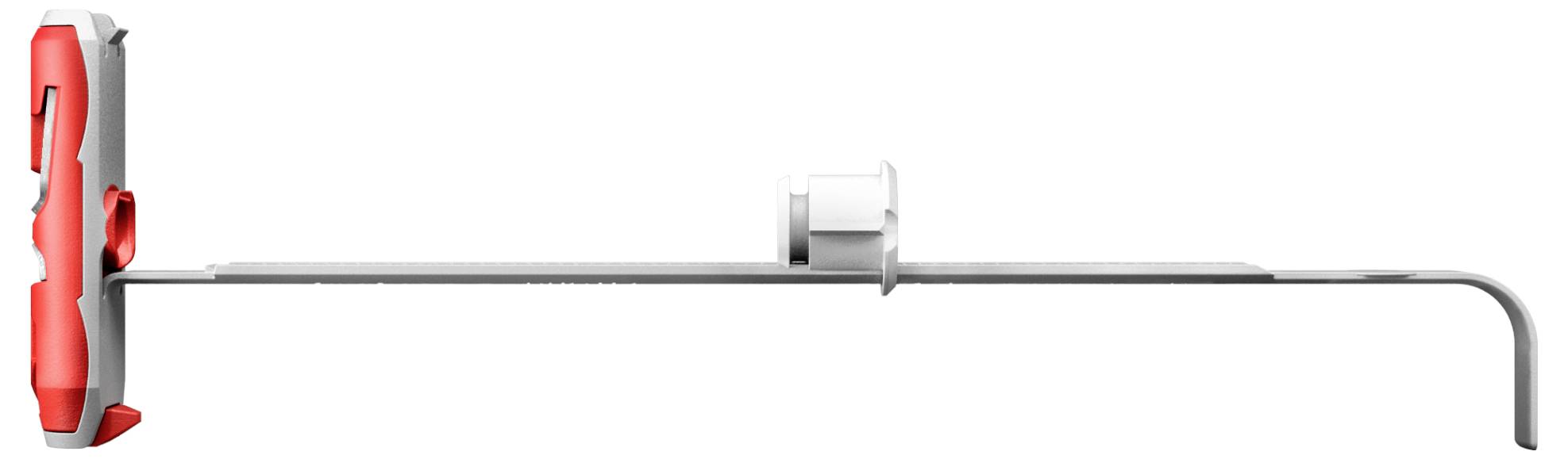 Ein L-förmiges Metallwerkzeug mit rotem Griff und weißem Spanner, vermutlich ein Spann- oder Feststellwerkzeug.