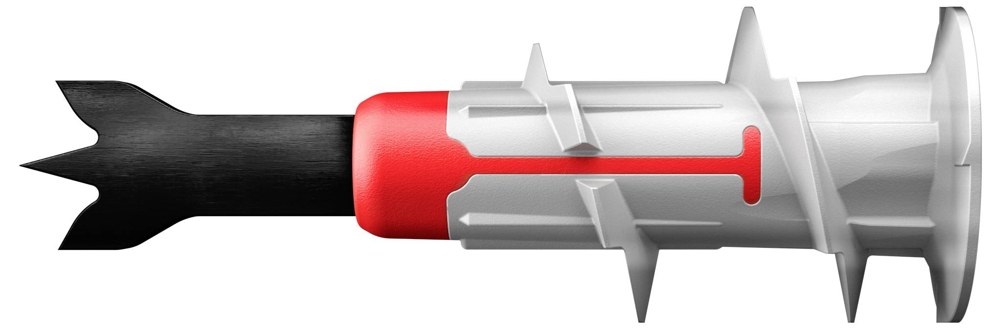 Dargestellt ist ein Dübel mit rotem und schwarzem Kunststoff. Er zeigt ein modernes Design mit ausgeprägten Rippen zur Befestigung.