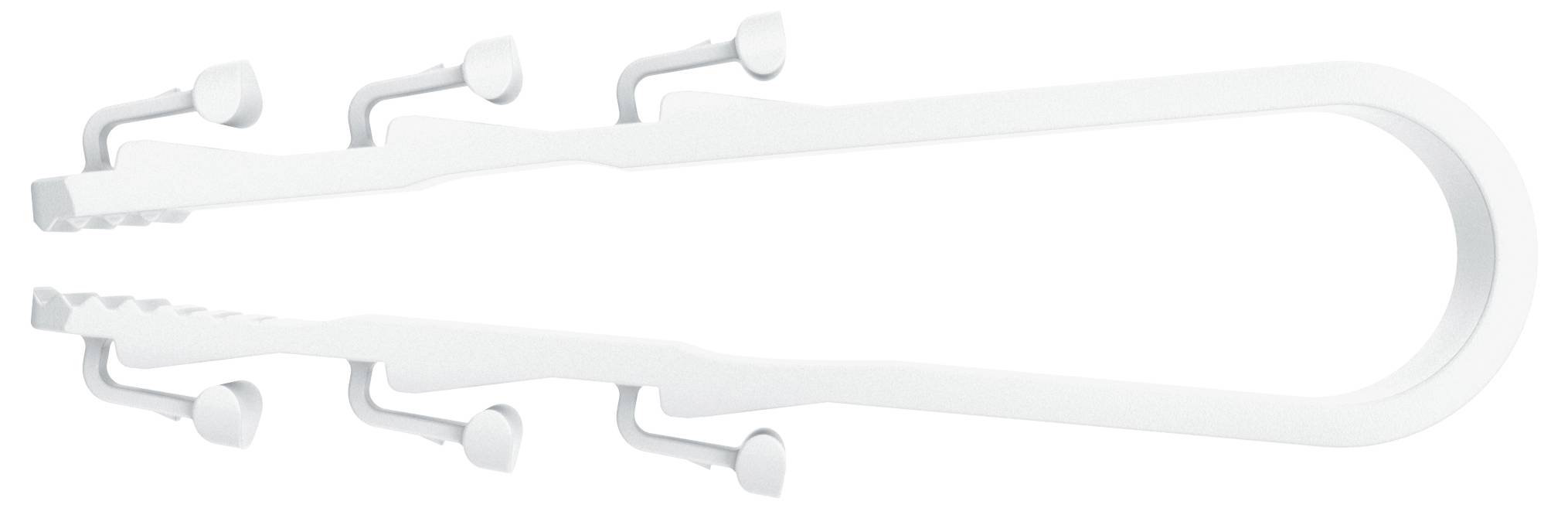 Einfacher weißer Gardinenhaken mit mehreren Klammern und gebogenem Ende, zum Befestigen von Vorhängen an Stangen oder Schienen geeignet.