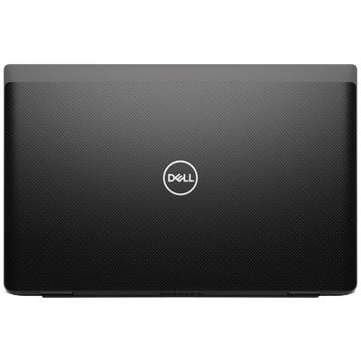 Der Laptopdeckel eines schwarzen Dell-Computers mit dem Dell-Logo in der Mitte.