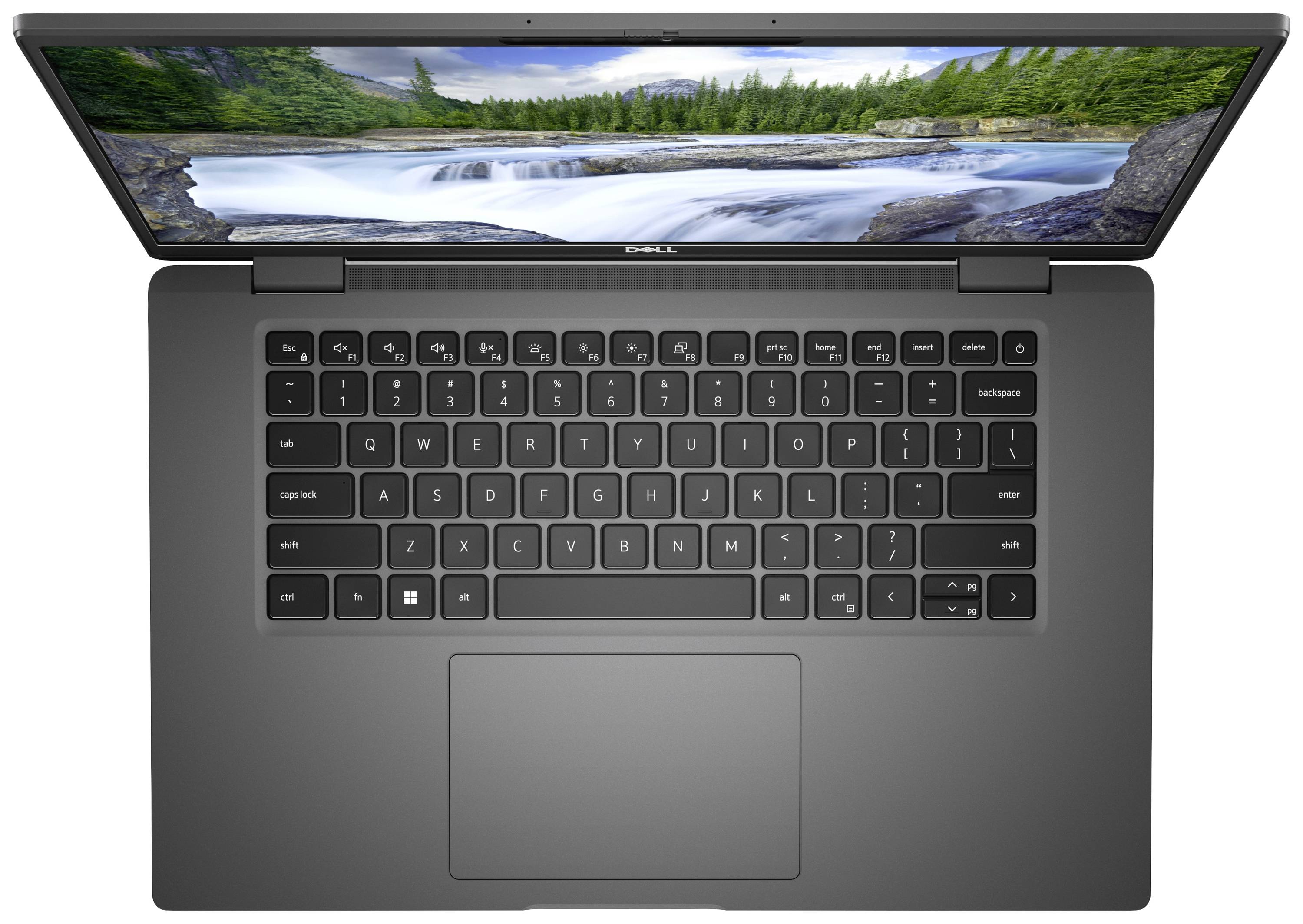 Ein schwarzer Laptop von oben, geöffnet mit einer Standardtastatur, großem Touchpad und einem Bildschirm, der eine Flusslandschaft zeigt.
