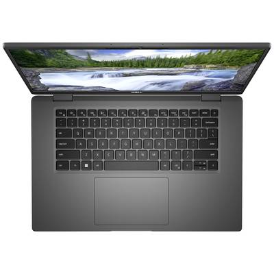 Ein schwarzer Laptop von oben, geöffnet mit einer Standardtastatur, großem Touchpad und einem Bildschirm, der eine Flusslandschaft zeigt.