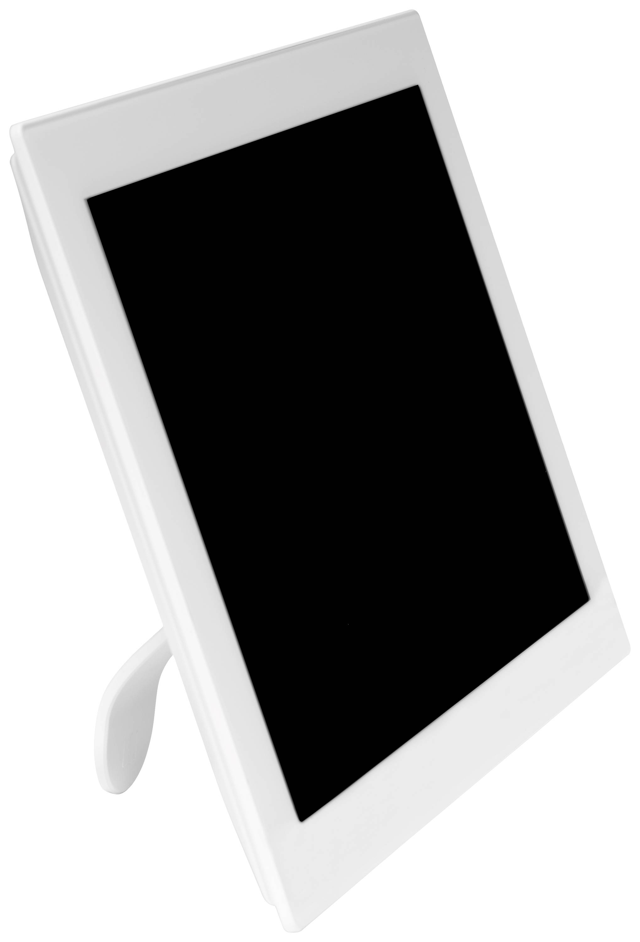 Ein digitaler Bilderrahmen mit weißem Gehäuse und schwarzem Display, der schräg auf einem Tisch steht.