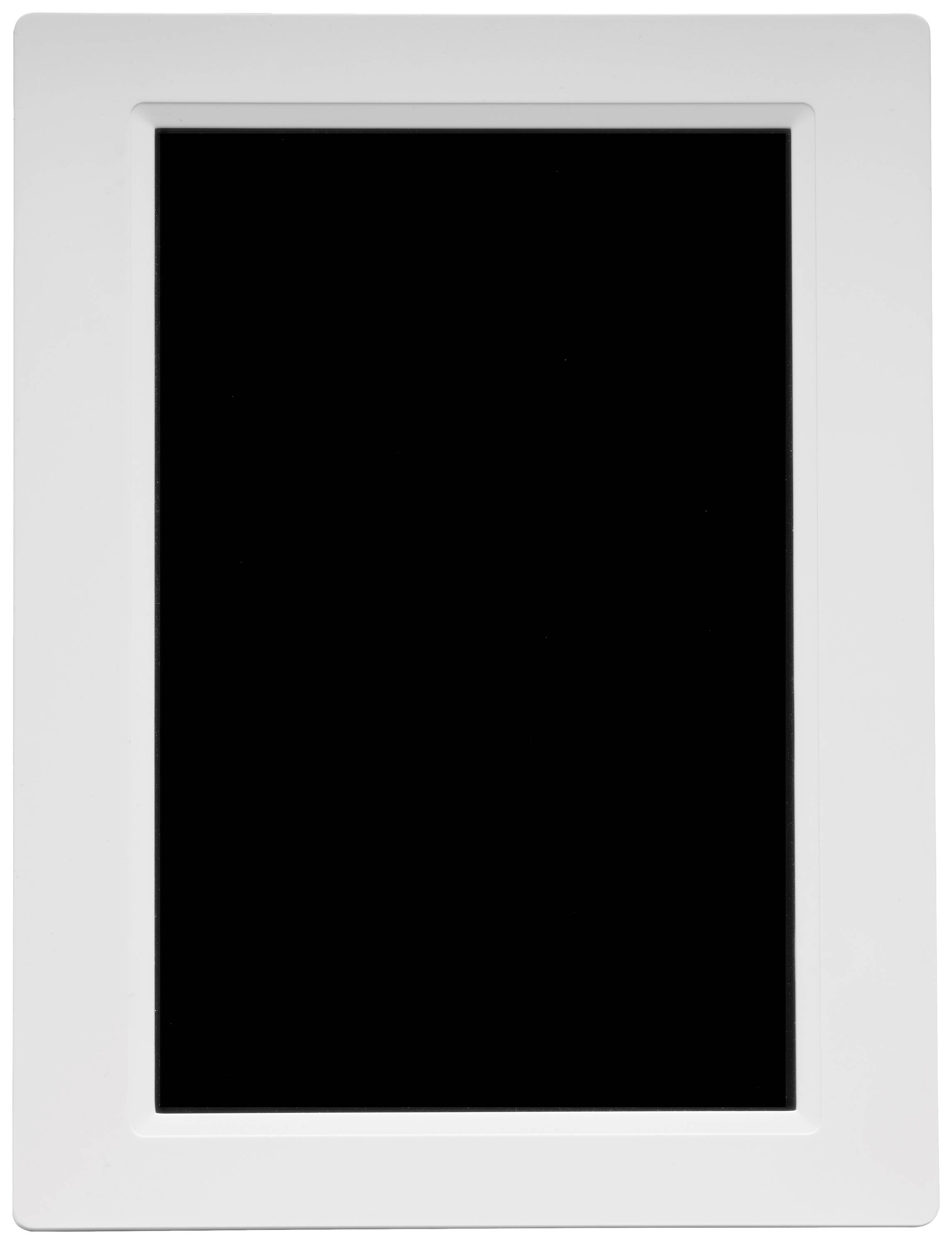 Eine leere, schwarze Tafel mit weißem Rahmen, die für Beschriftungen oder Notizen genutzt werden kann.