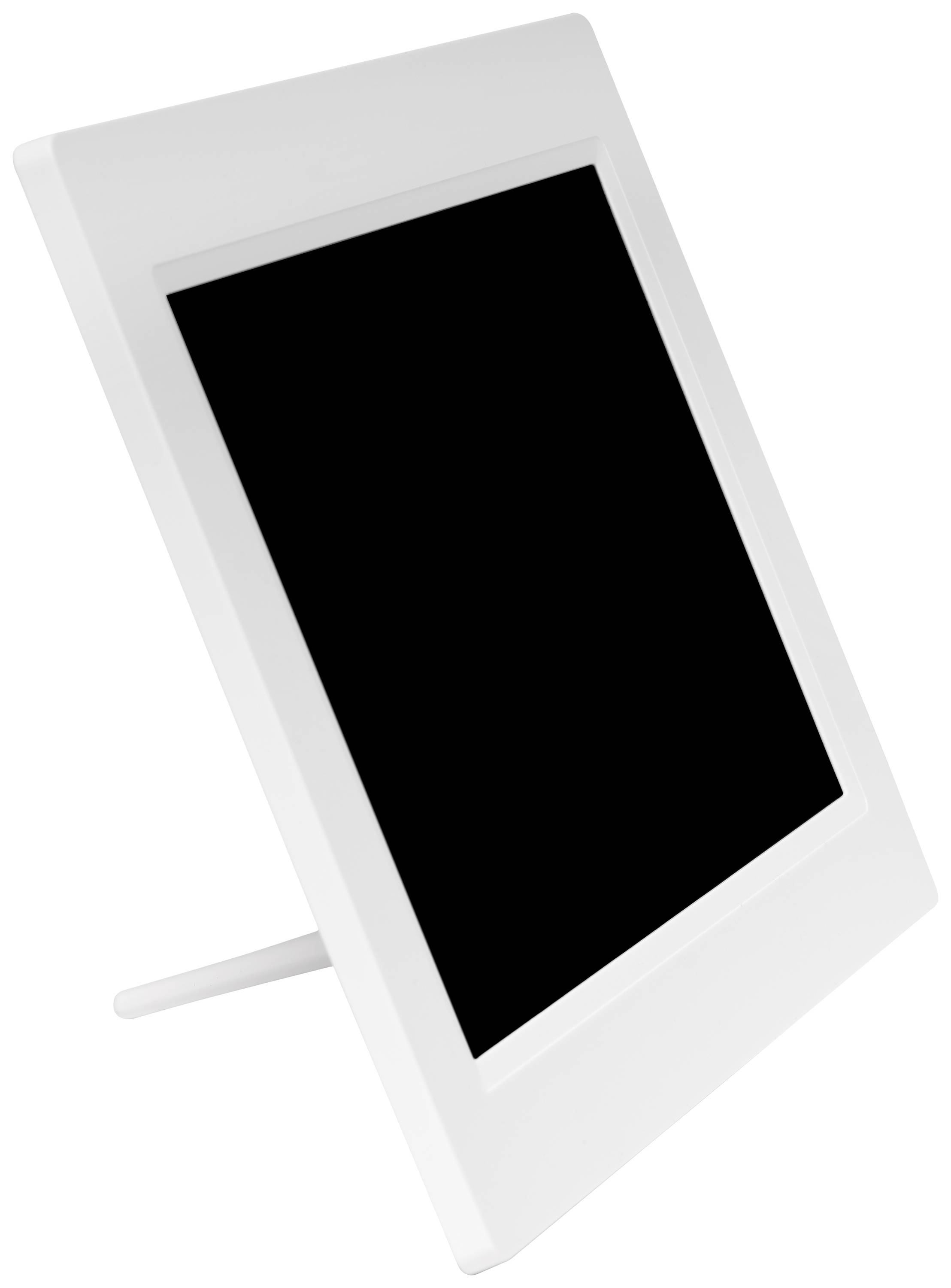 Ein leerer Bilderrahmen mit weißem Rand steht schräg auf einem Tisch und hat einen schwarzen Hintergrund.