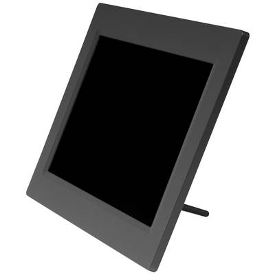 Ein schwarzer digitaler Bilderrahmen mit Standfuß, leicht seitlich geneigt.