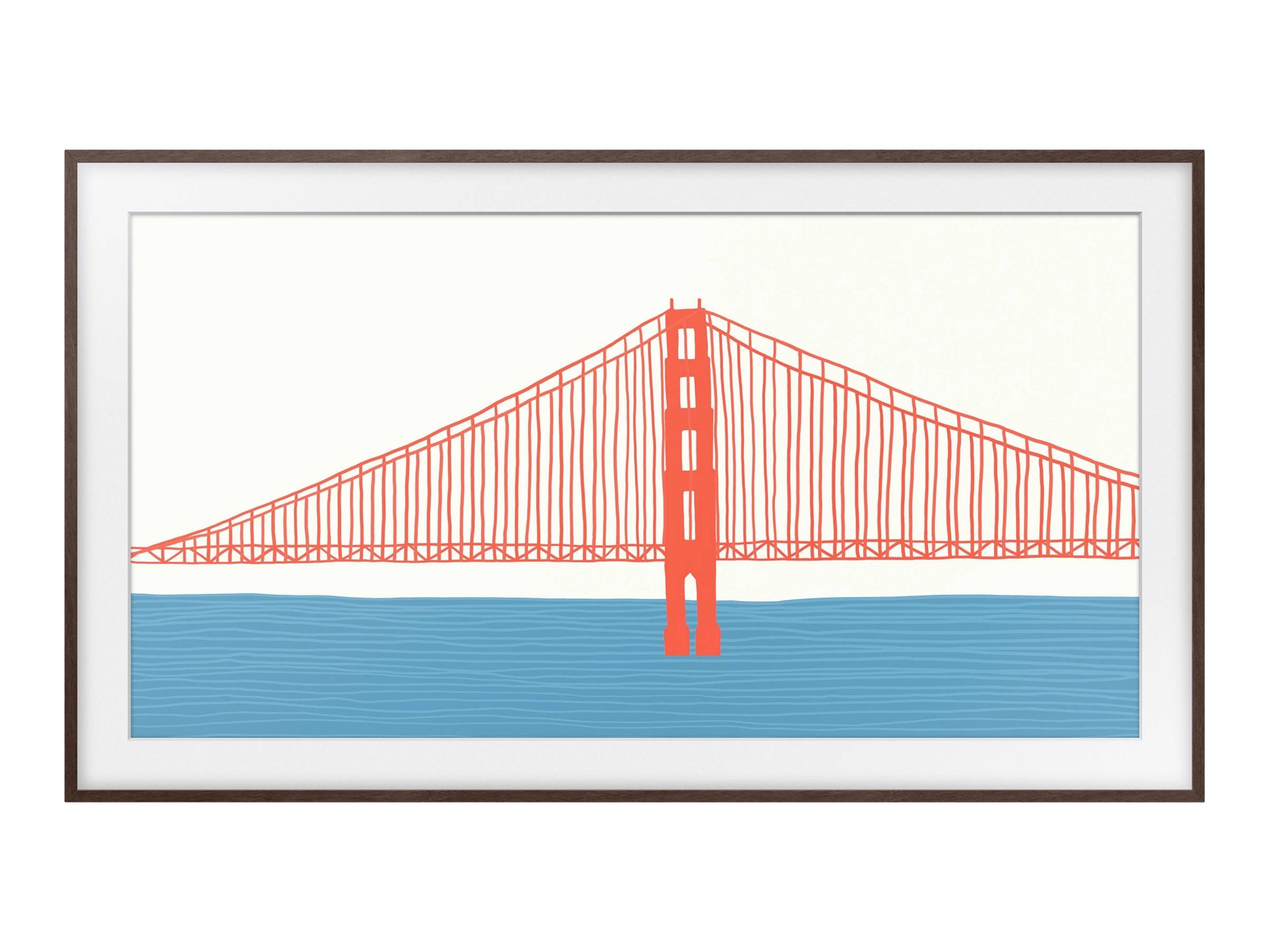 Illustration einer roten Brücke über blauem Wasser, ähnlich der Golden Gate Bridge, in einem schlichten Holzrahmen.